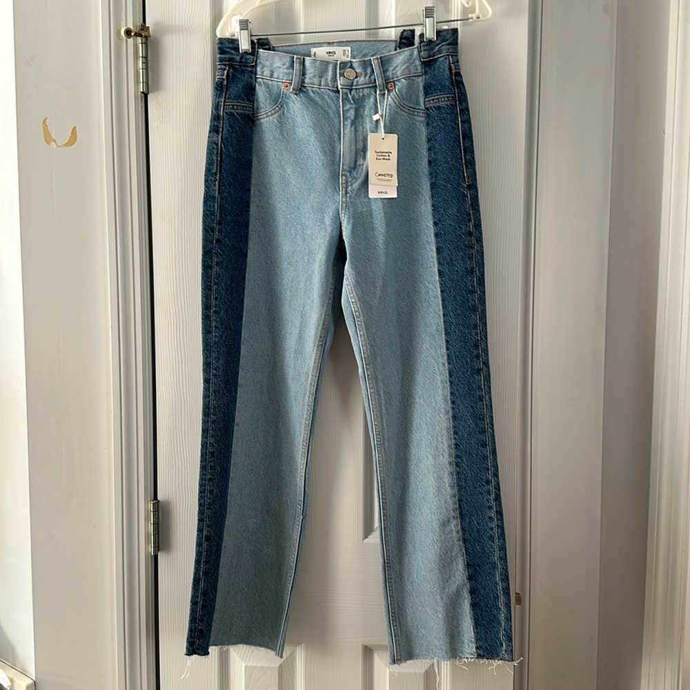 MNG Ladies 2 Tone Straight Leg High Waist Jeans. Size 6 (38) NWT. Selvage hem.